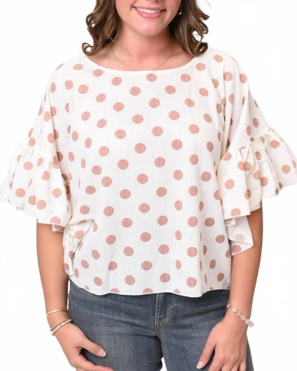 NEW VINE & LOVE polka dot ruffle sleeve flowy top in cream/blush